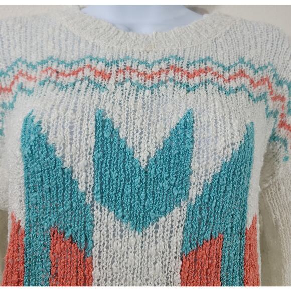 Ellison Ellison White Teal Orange Popcorn Knit Aztec Sweater Top Large Soft - Picture 5 of 5